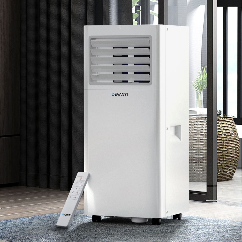 Portable air conditioner unit with front vent grille, wheels, and handheld remote