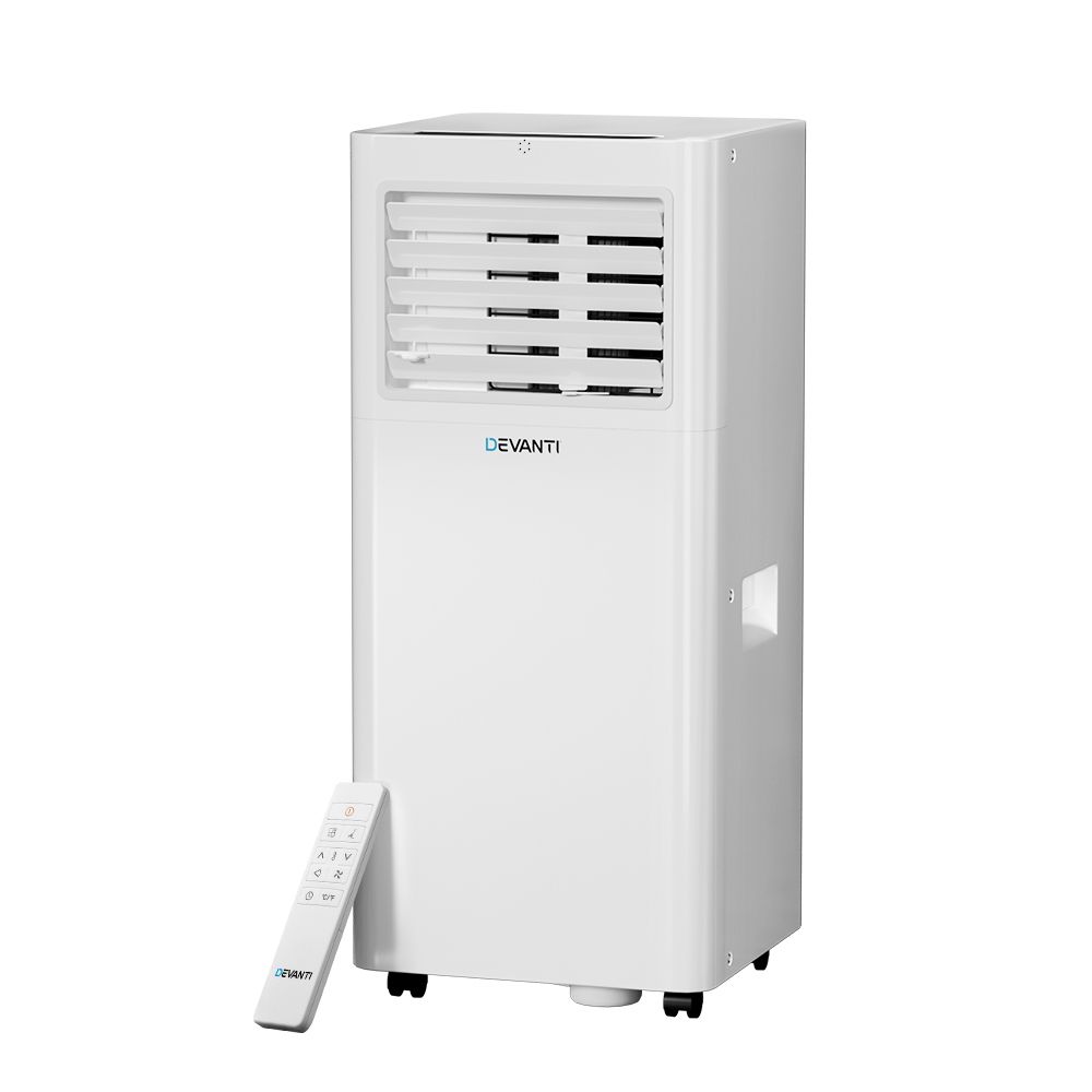 Portable air conditioner with front vent grille and wheels, plus handheld remote