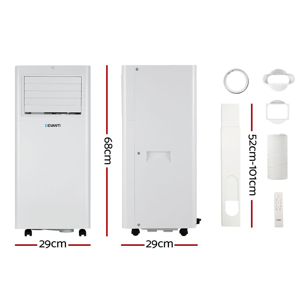 Portable air conditioner with accessories shown: exhaust hose, remote, and sealing pieces