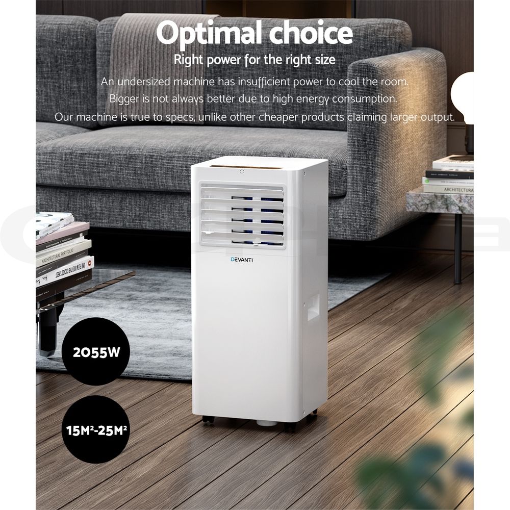 Portable air conditioner with front vent grille and caster wheels on the floor