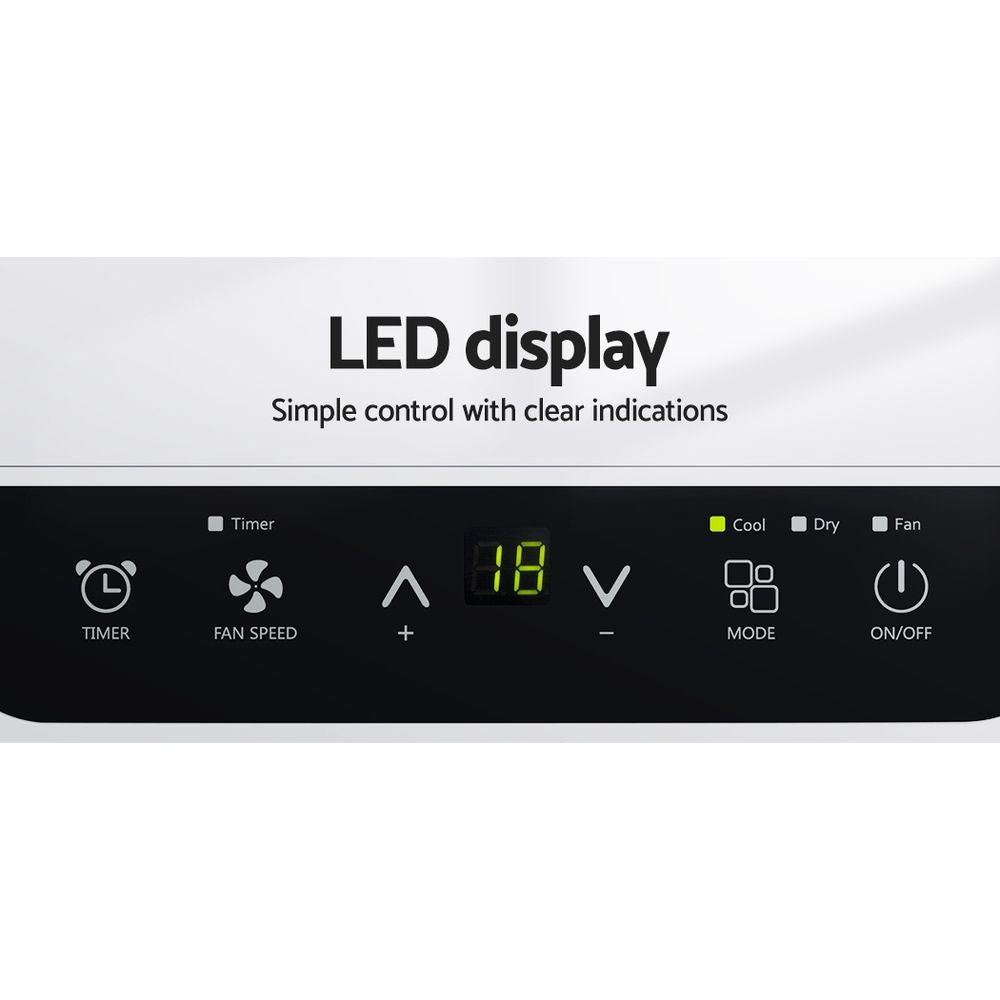 Portable air conditioner front control panel with LED-style display icons