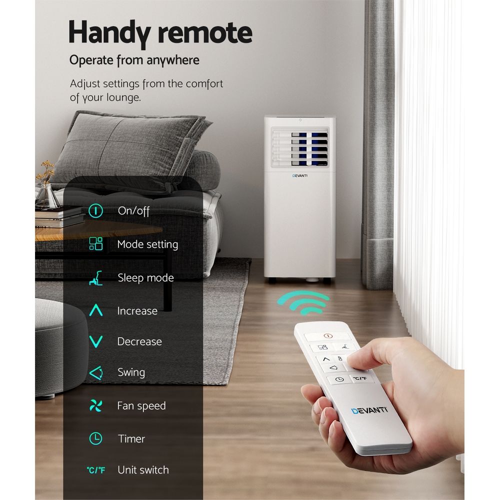 Portable air conditioner with front vent grille and a handheld remote controller