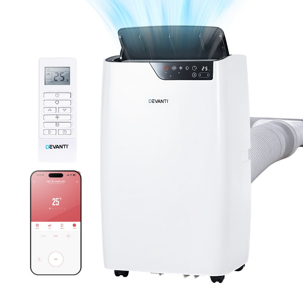 White portable air conditioner with top control panel, front display, and remote.