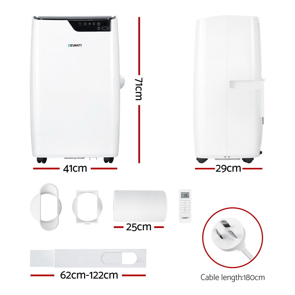 White portable air conditioner with side view and attached exhaust hose, size diagram.
