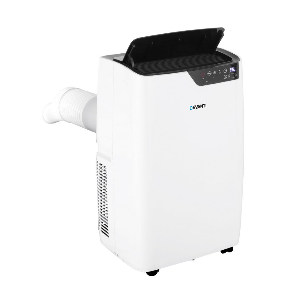 White portable air conditioner with top air outlet, rear vent grille, and exhaust hose.
