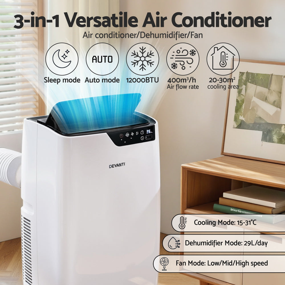 White 3-in-1 air conditioner dehumidifier fan with top air outlet and control panel.