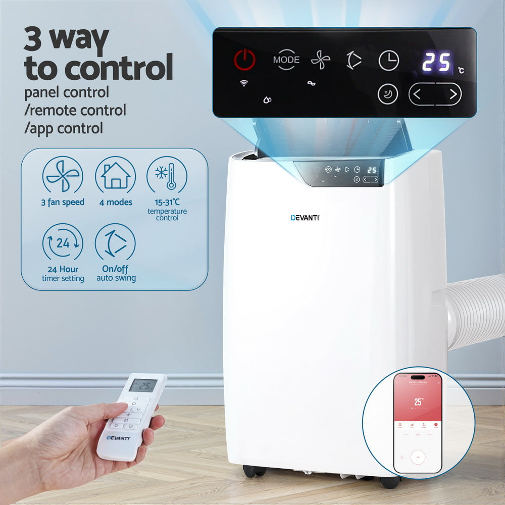 White portable air conditioner with top control panel and handheld remote control.