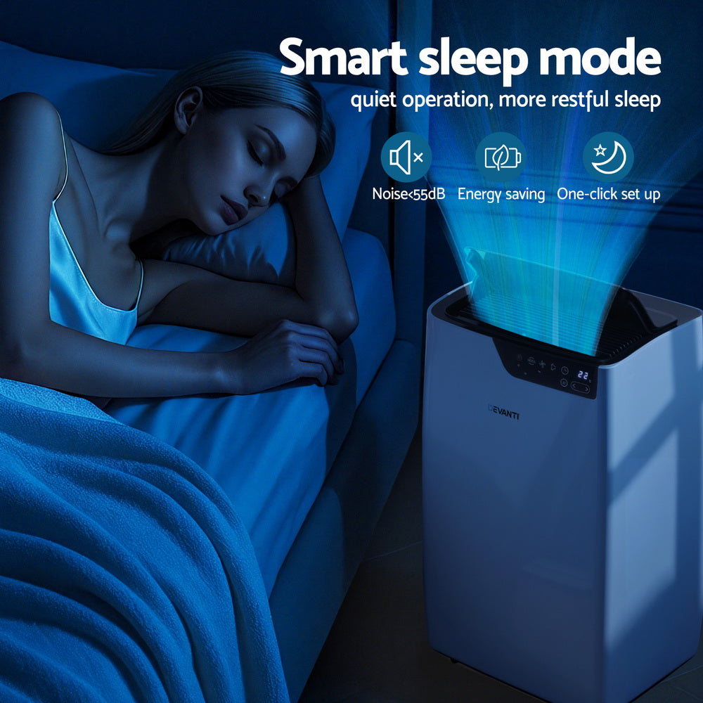 White portable air conditioner with top air outlet and illuminated control panel.