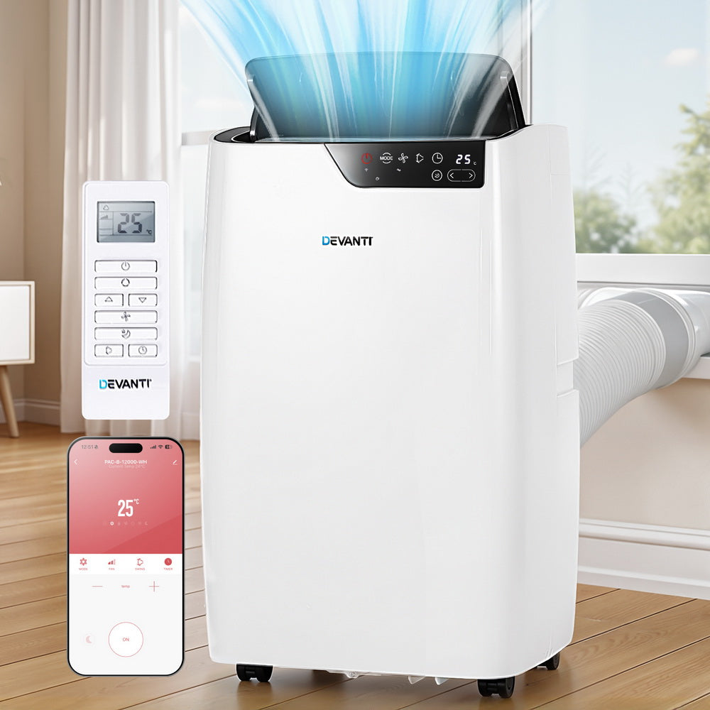 White portable air conditioner with front display, remote control, and exhaust hose.
