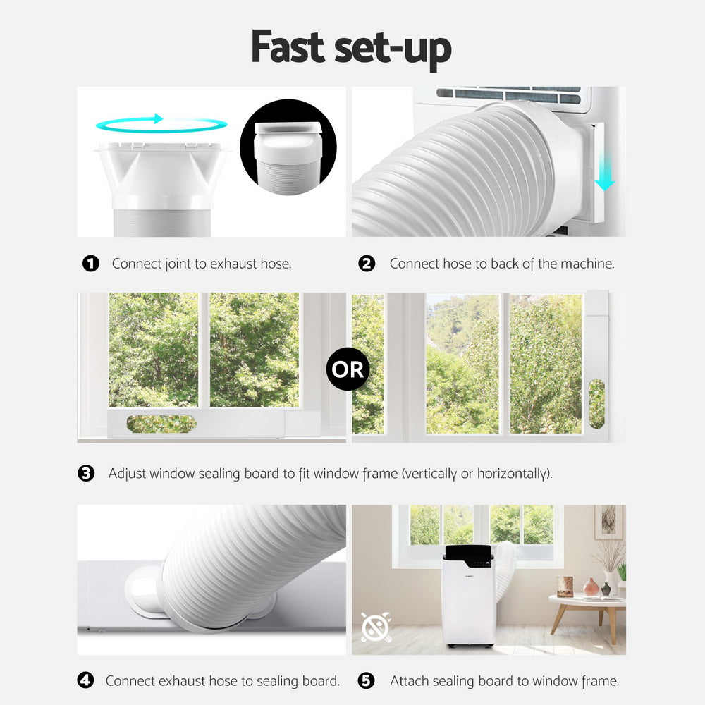 White portable air conditioner with exhaust hose and window sealing board shown.