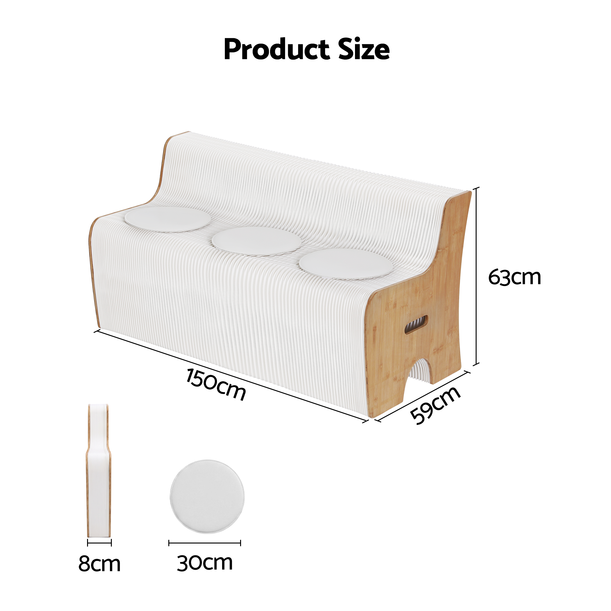 Artiss Folding Kraft Paper Sofa 3 Seater Accordion Bench with PU Leather Cushion Collapsible Couch 300kg Capacity 150x59x63cm Bedworld