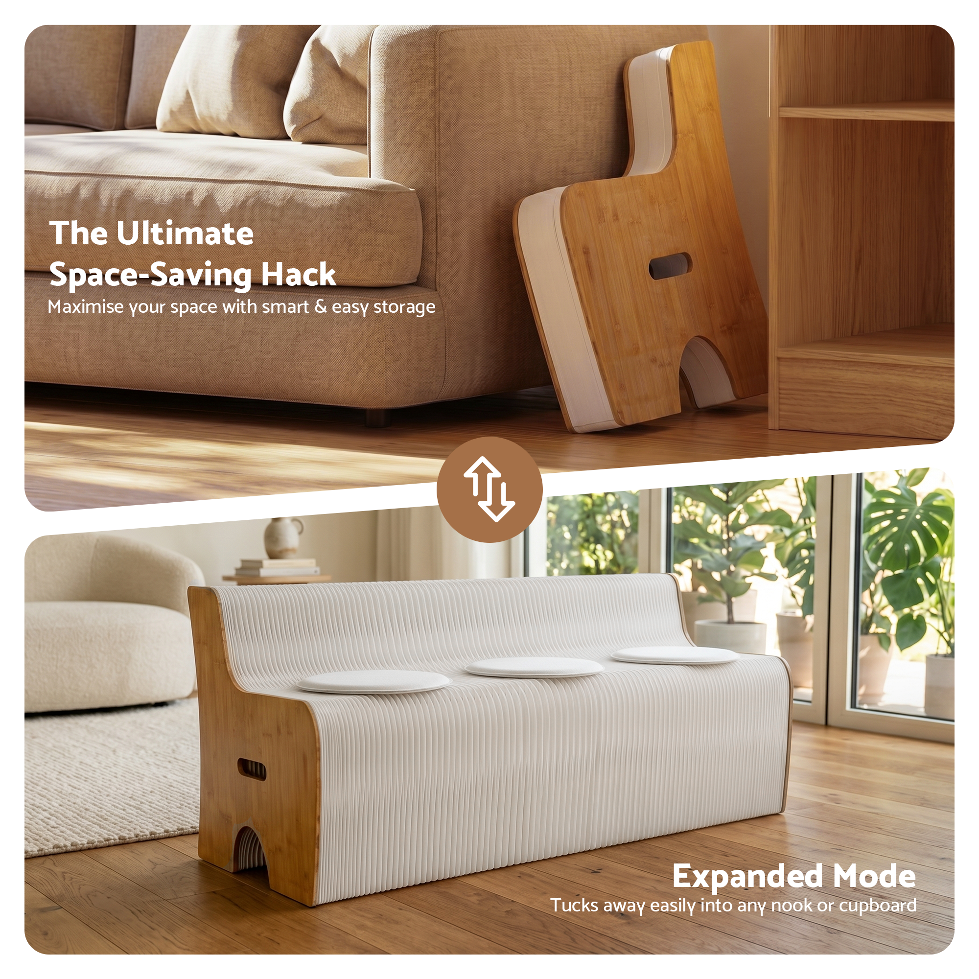 Artiss Folding Kraft Paper Sofa 3 Seater Accordion Bench with PU Leather Cushion Collapsible Couch 300kg Capacity 150x59x63cm Bedworld