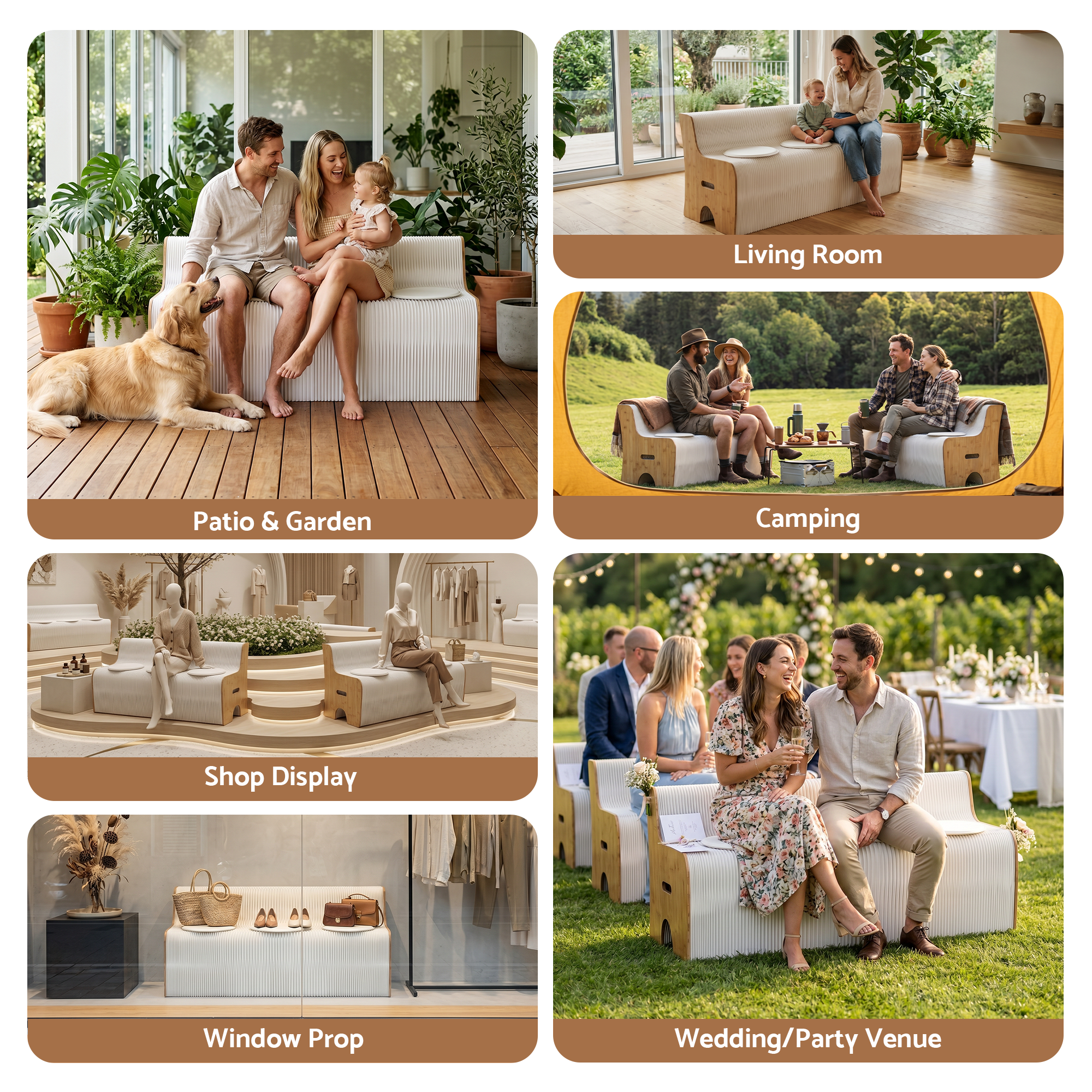Artiss Folding Kraft Paper Sofa 3 Seater Accordion Bench with PU Leather Cushion Collapsible Couch 300kg Capacity 150x59x63cm Bedworld
