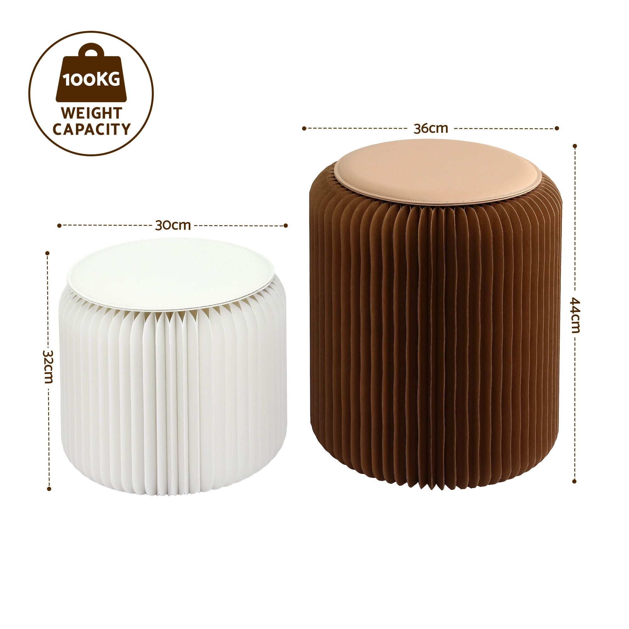 Two accordion paper stools with round beige seat cushions, one brown and one white