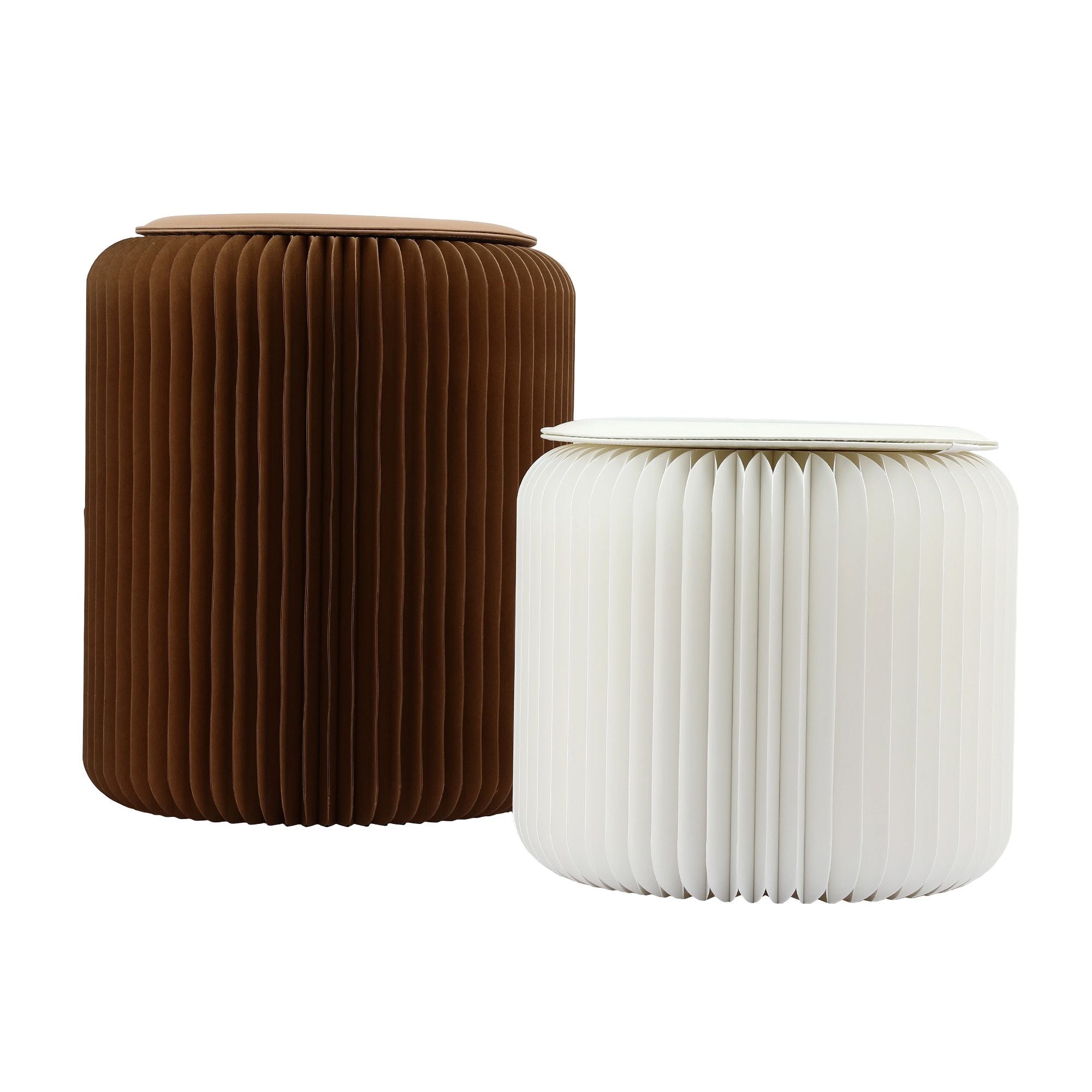 Pair of accordion paper stools, brown and white with round fabric seat pads