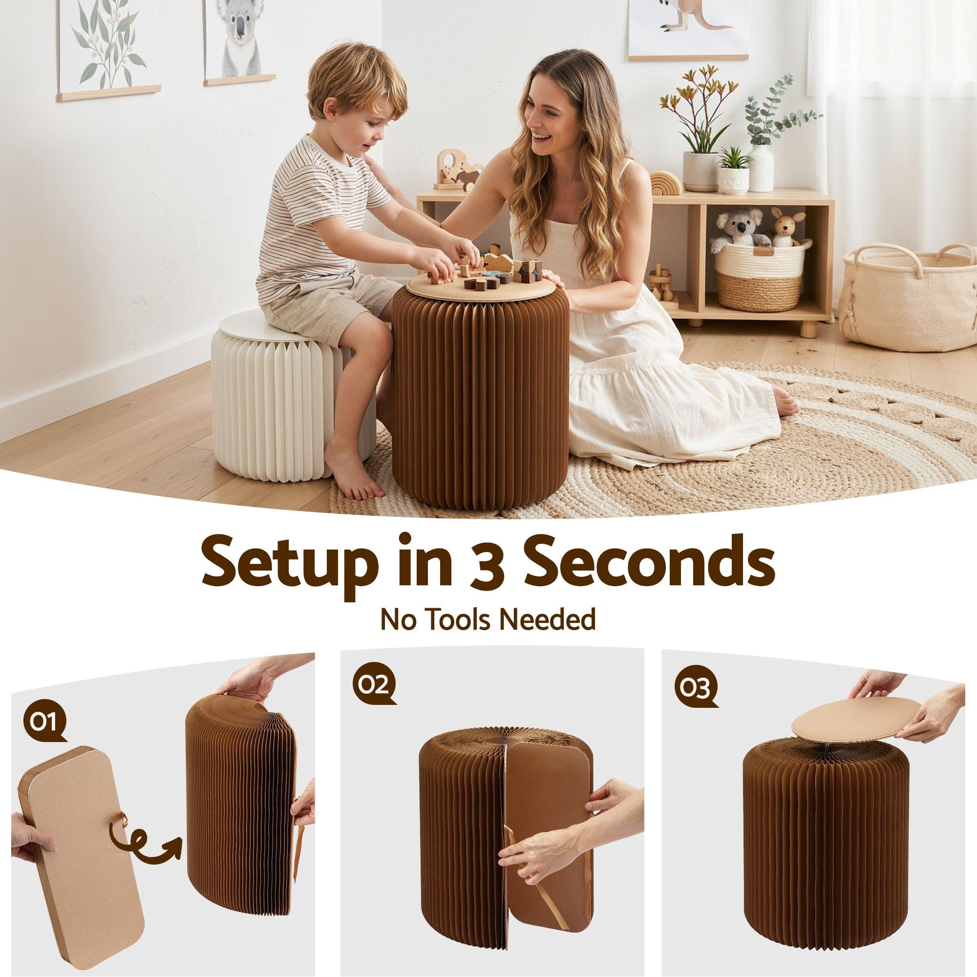 Brown accordion folding paper stool with round seat cushion, used indoors
