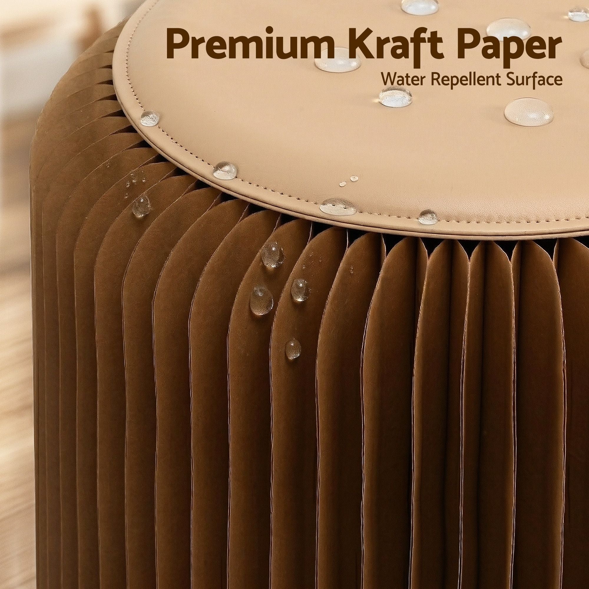 Brown accordion paper stool with tan round seat top and tan faux-leather edge