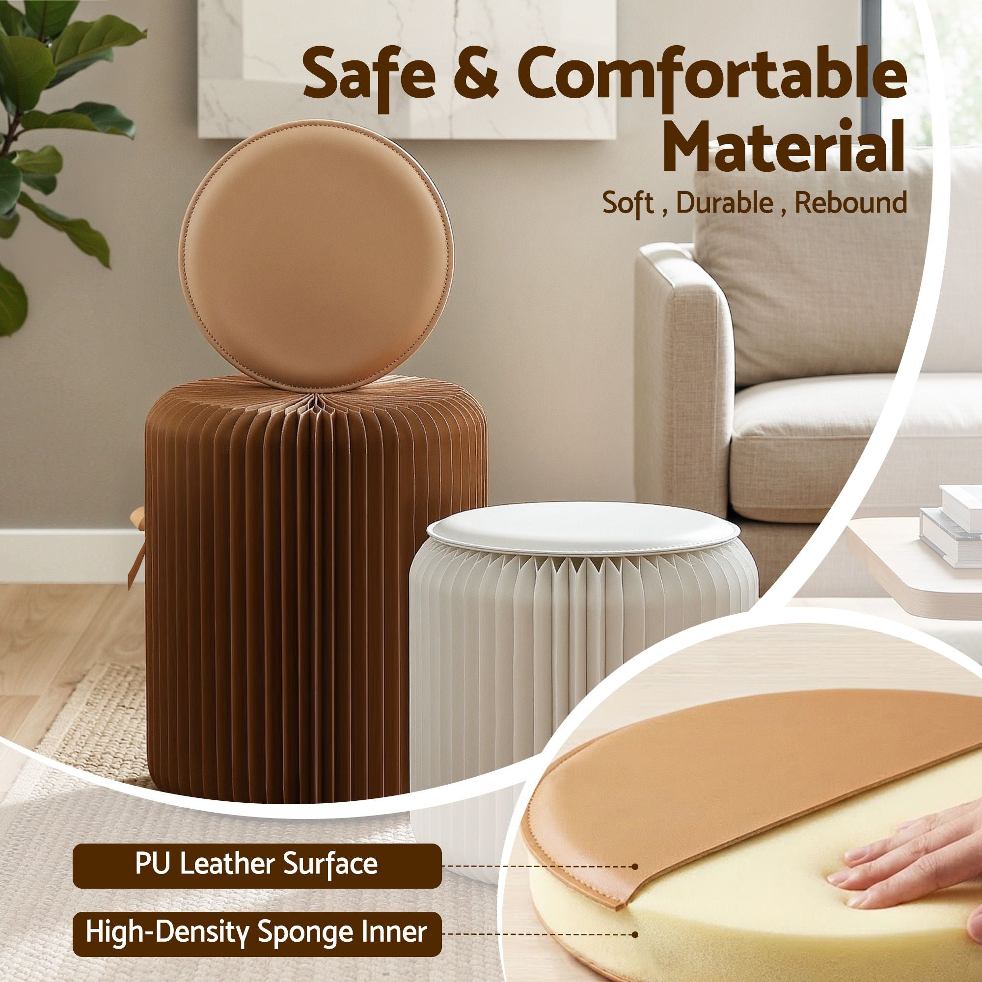 Brown accordion paper stool with tan seat cushion and a white stool beside it