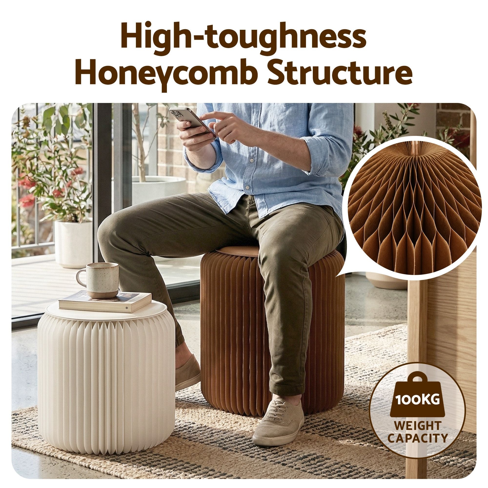 Accordion paper stool with round seat and vertical ribbed paper sides