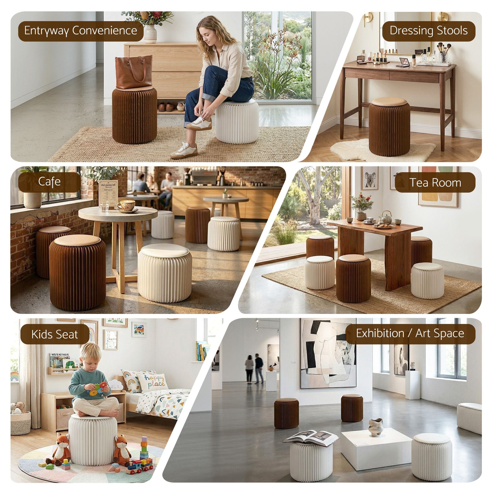 Set of accordion paper stools in brown and white with round seat cushions