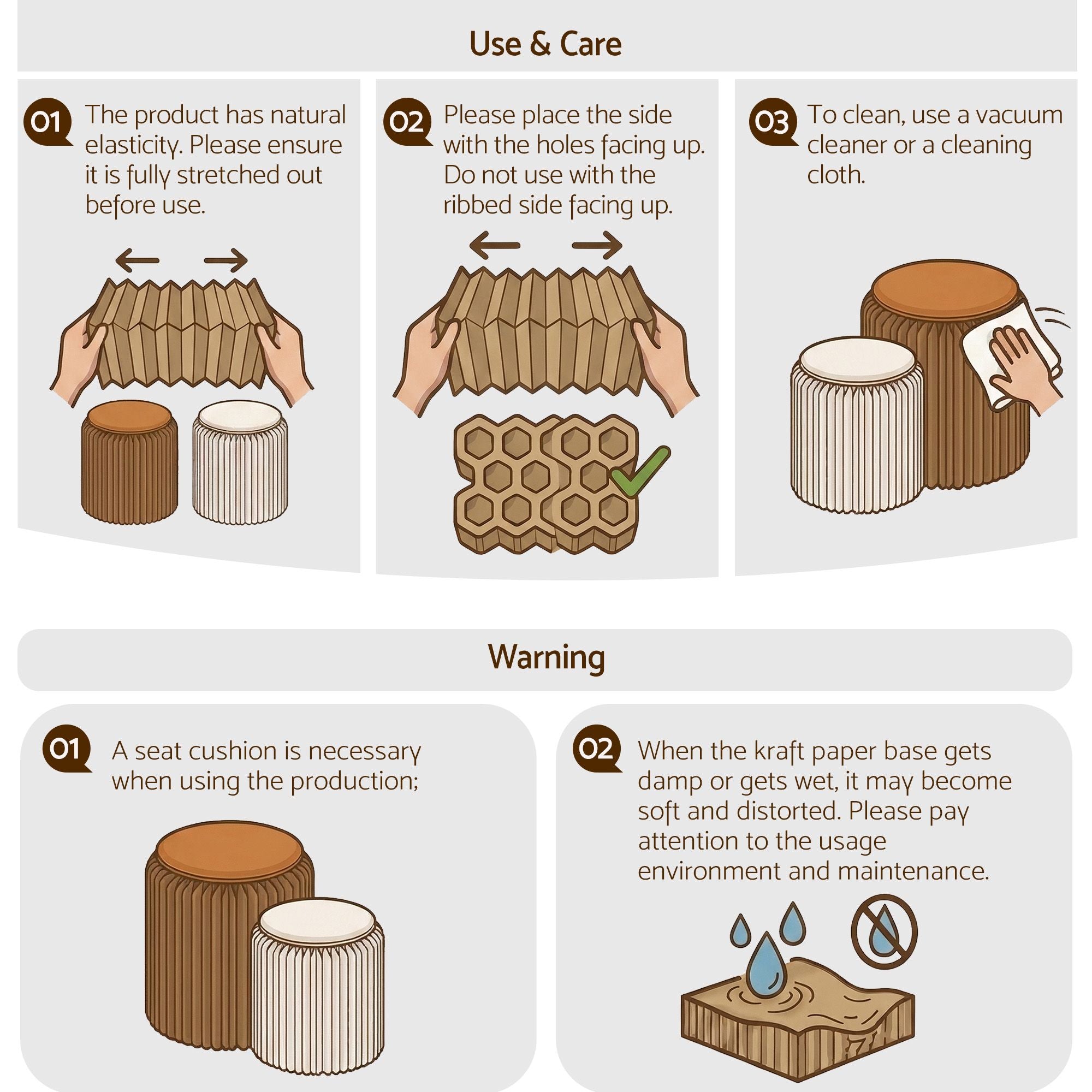 Accordion paper stool care diagram showing brown and white folded stools with cushions