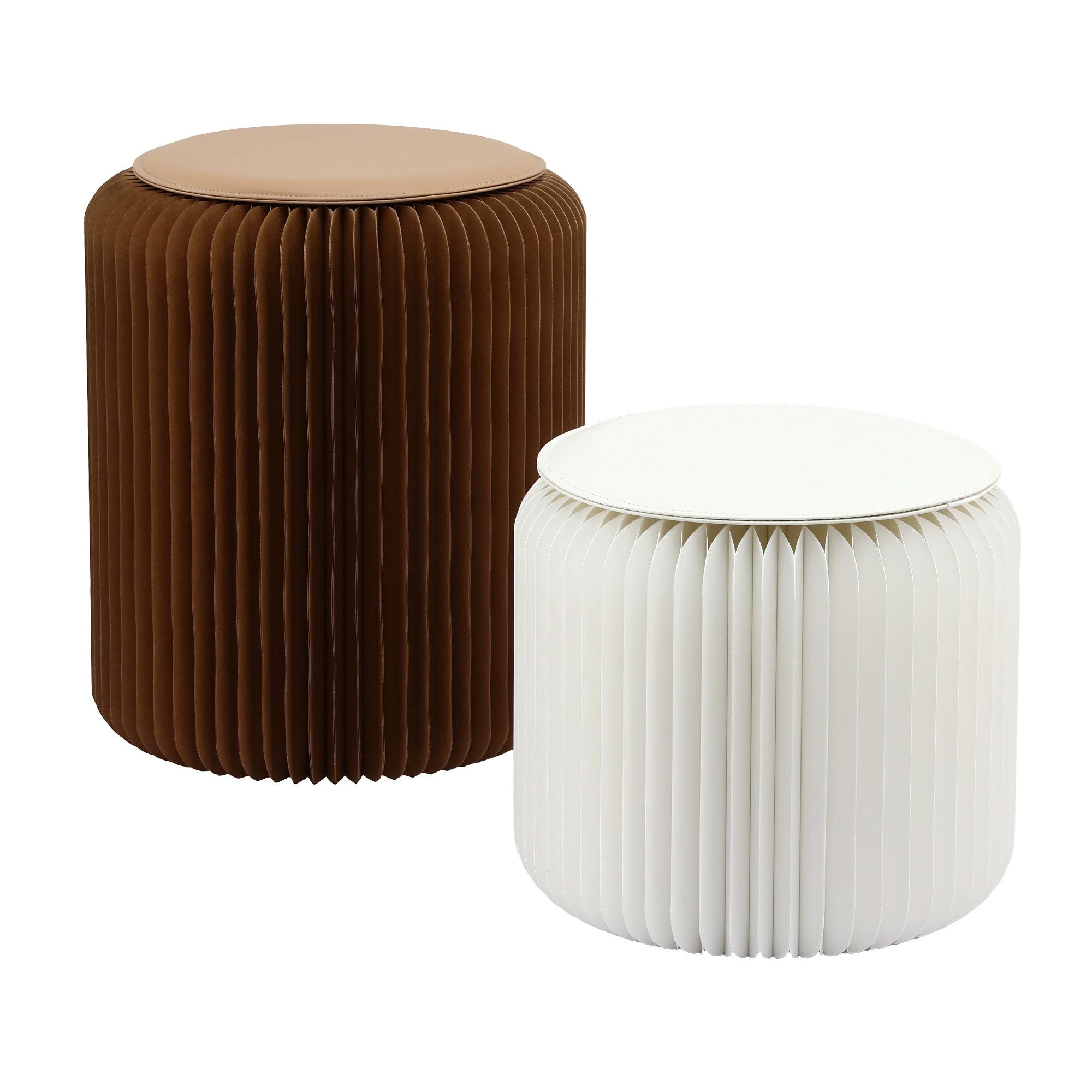 Accordion paper stool with round seat cushion, dark brown and light white tones (set of 2)