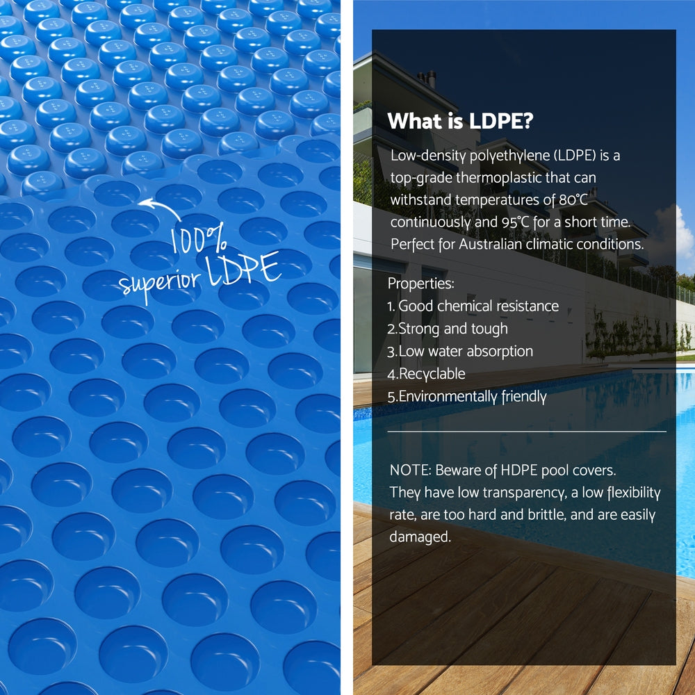 Blue pool solar blanket with dome bubble texture, LDPE-style surface.