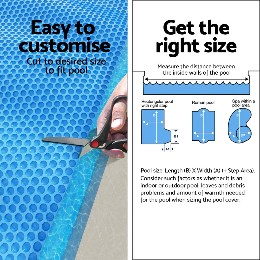 Blue solar pool blanket being cut to size, bubble-textured surface.