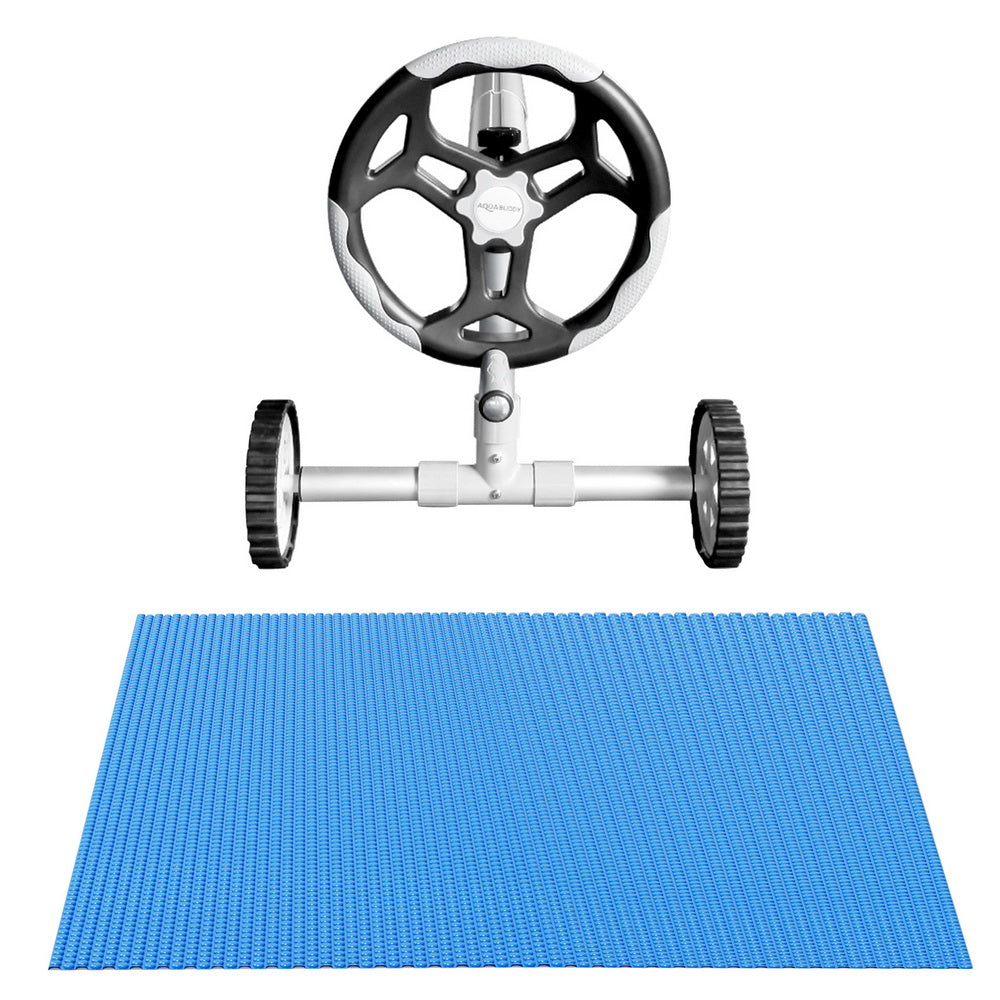Blue solar pool cover blanket with roller drum and support bar frame