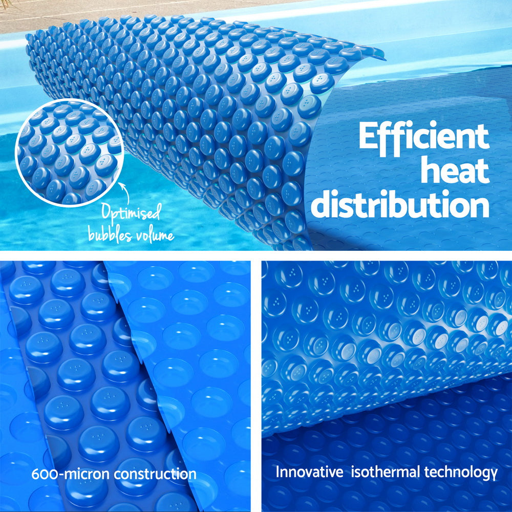 Blue solar pool cover blanket with raised bubble dome texture