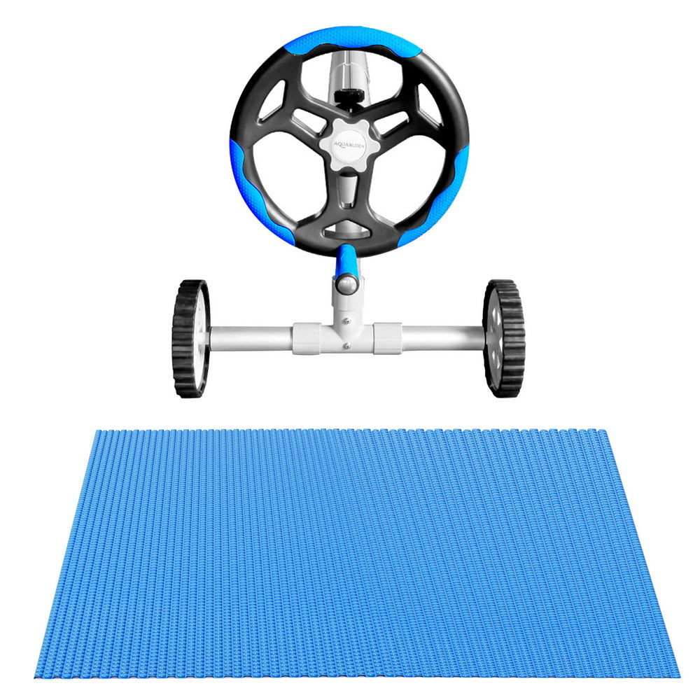 Blue solar pool cover sheet with roller mechanism and end drums