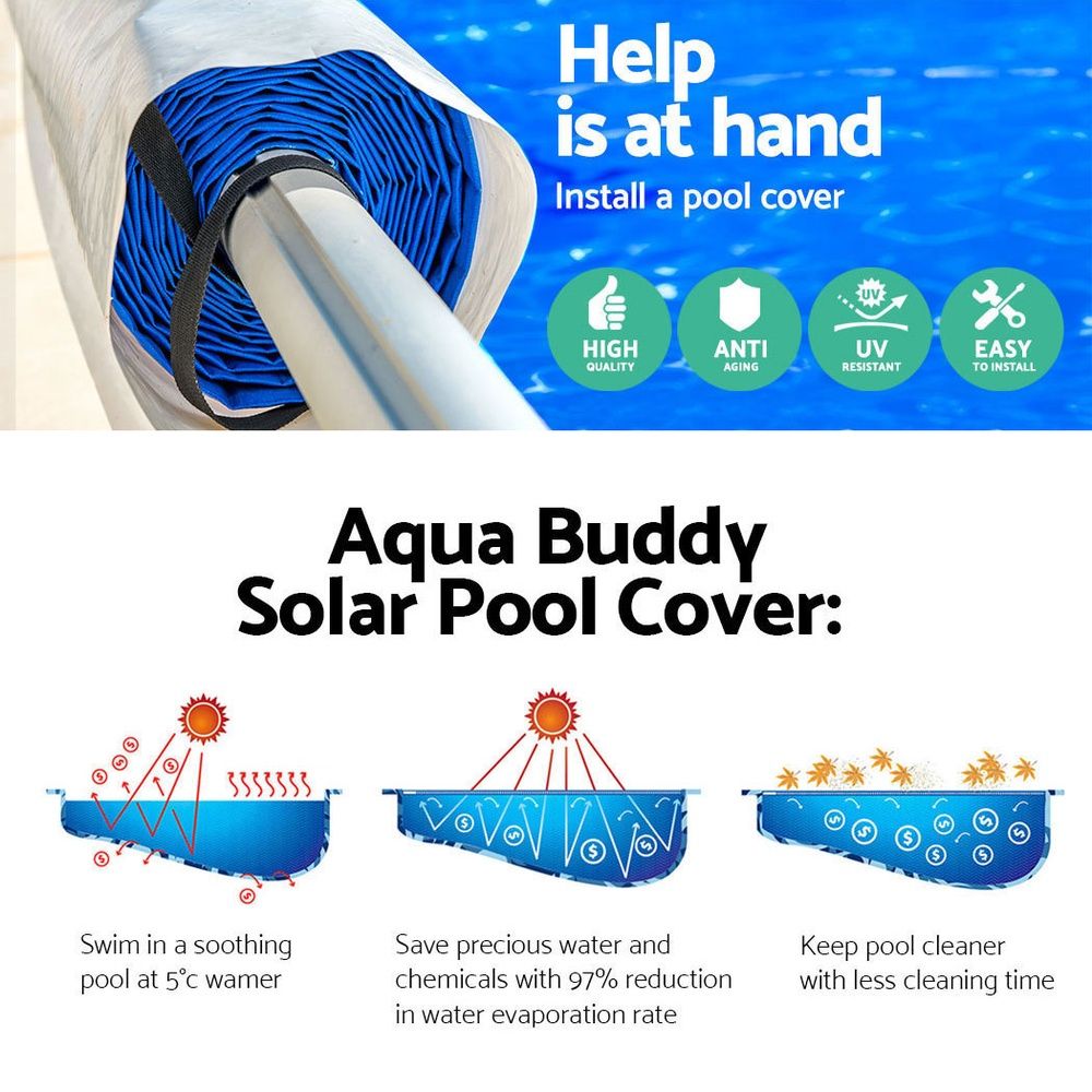 Aqua Buddy Pool Cover 8x4.2m 400 Micron Swimming Pool Solar Blanket 5.5m Roller Blue Bedworld