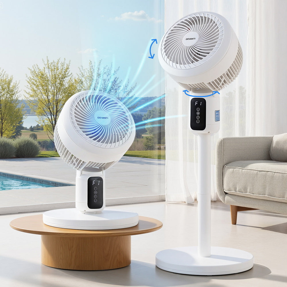 White pedestal fan with remote control, 3-speed settings and tilting air grille