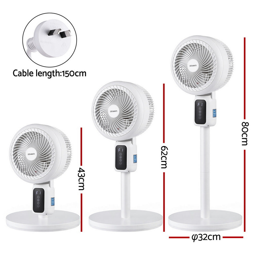 White pedestal fan with detachable remote, height dimensions shown on a product diagram