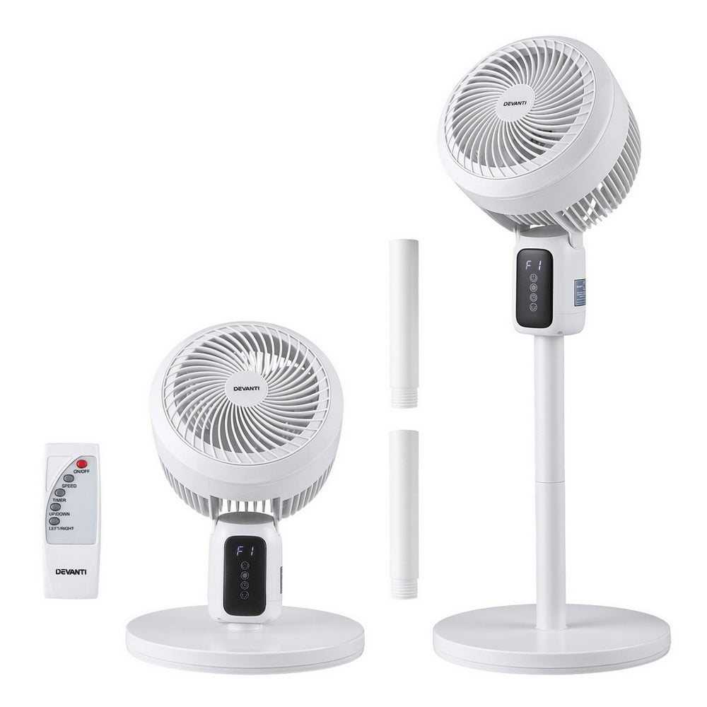 White pedestal fan with remote control and base, shown in two heights with extendable stem