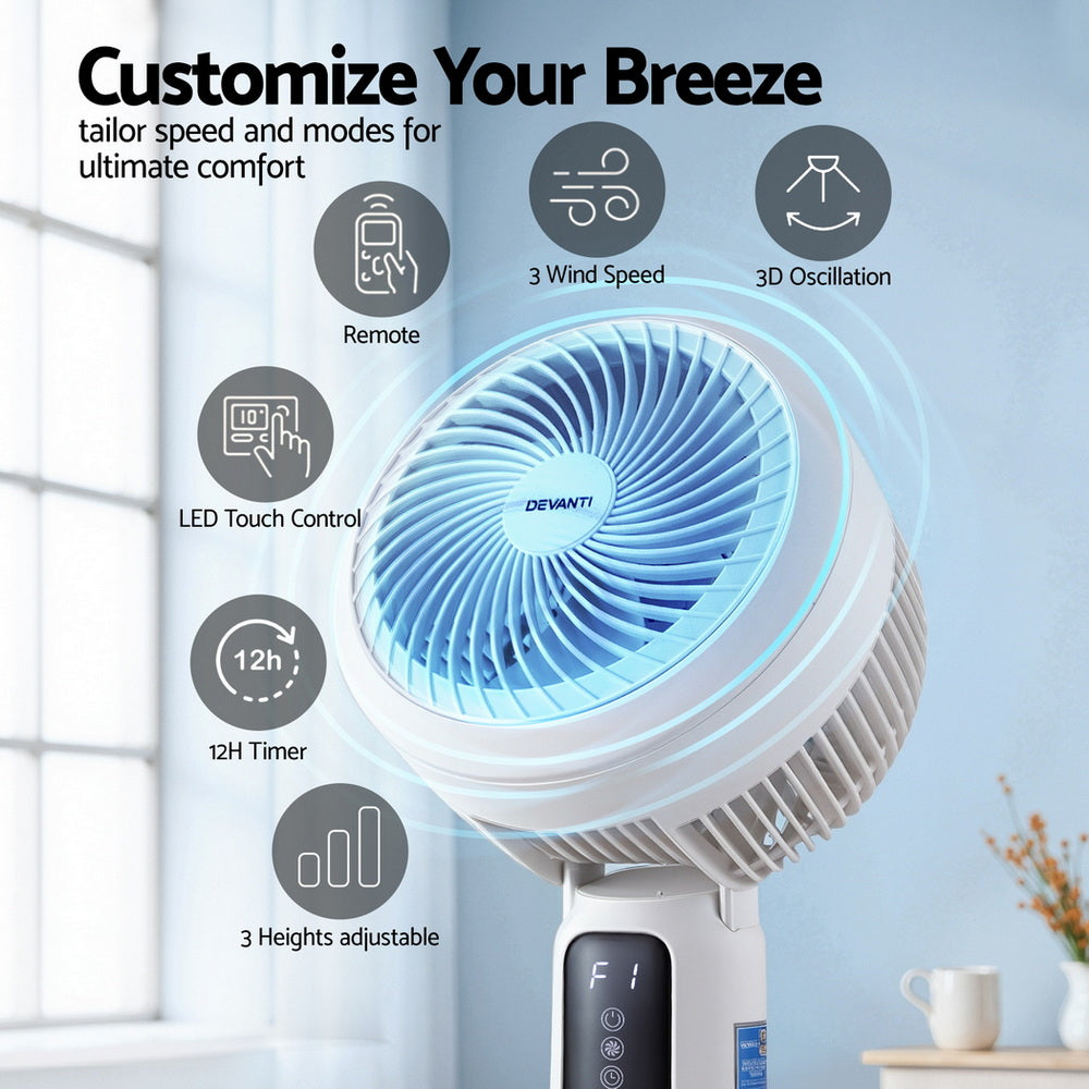 White pedestal fan with control panel and LED-style lighted airflow around the grille