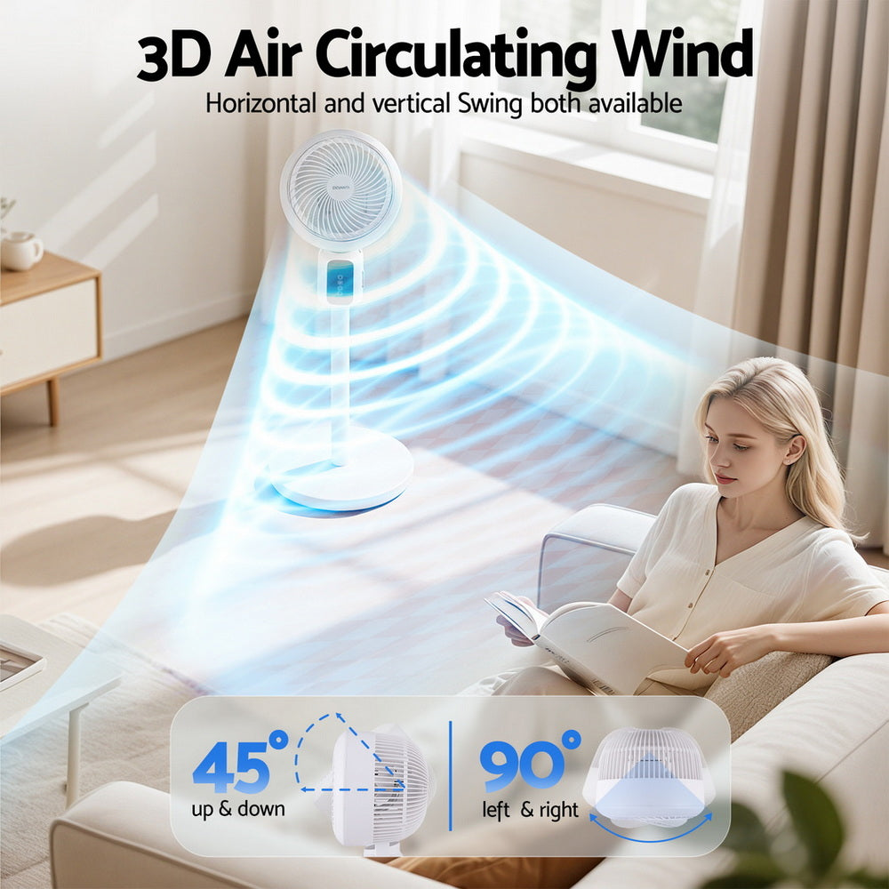 White pedestal fan with 3D air circulation, remote-ready control panel on the stand