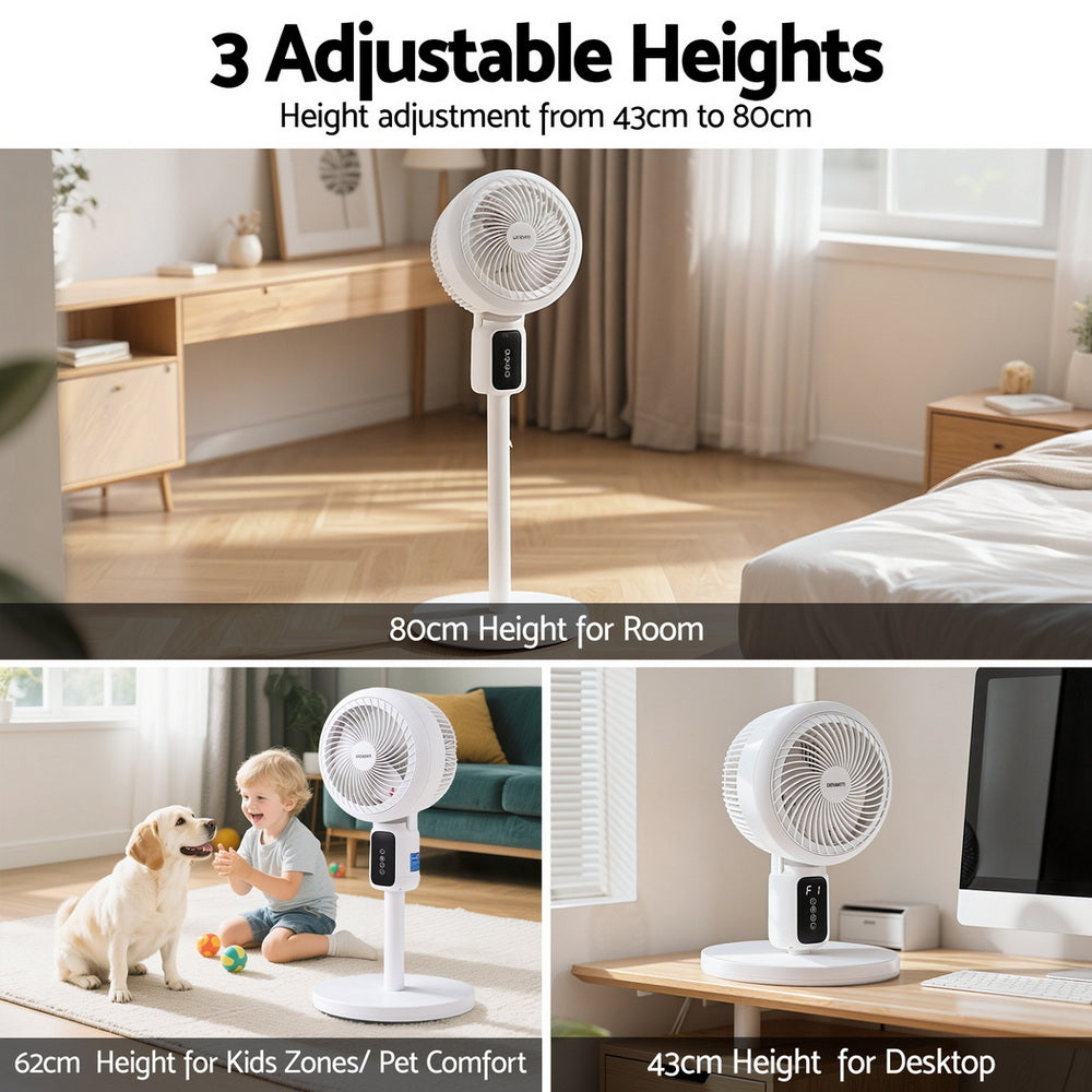 White height-adjustable pedestal fan with remote, tall stem and round base