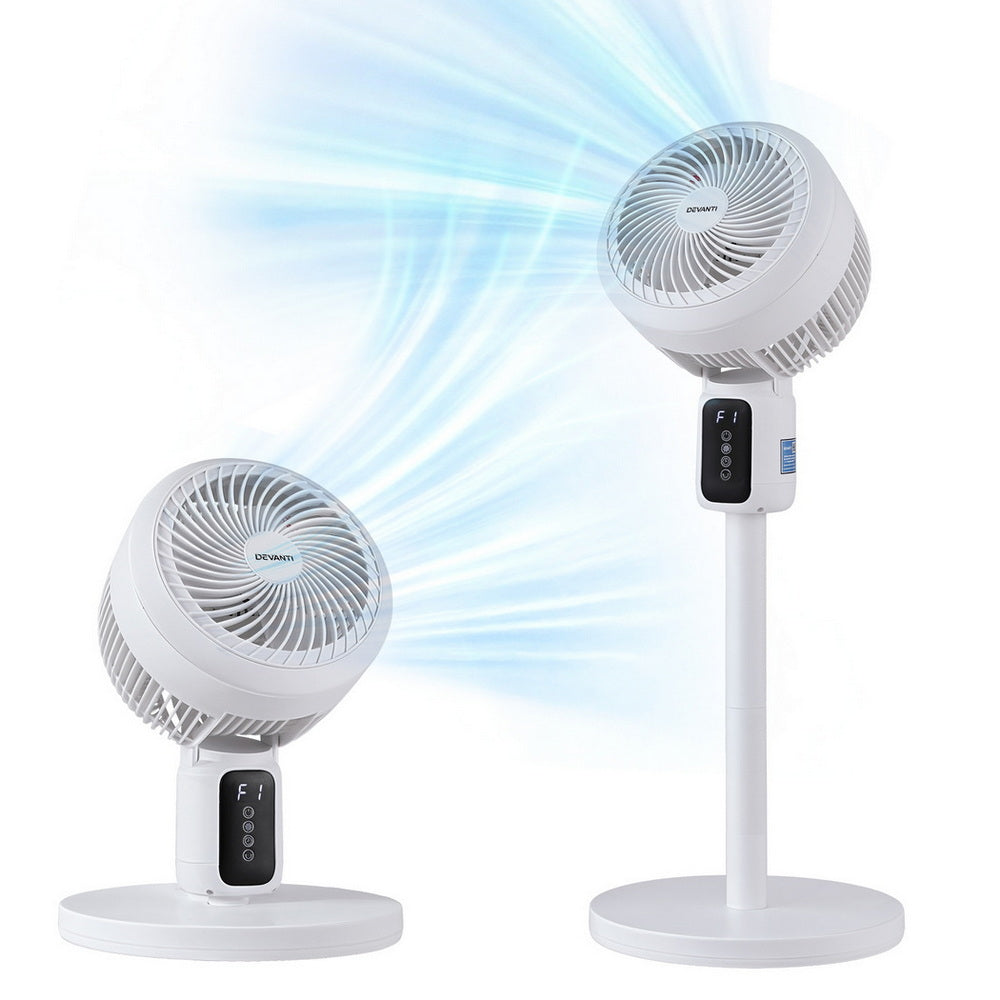 White pedestal fan with remote, shown side by side at different heights