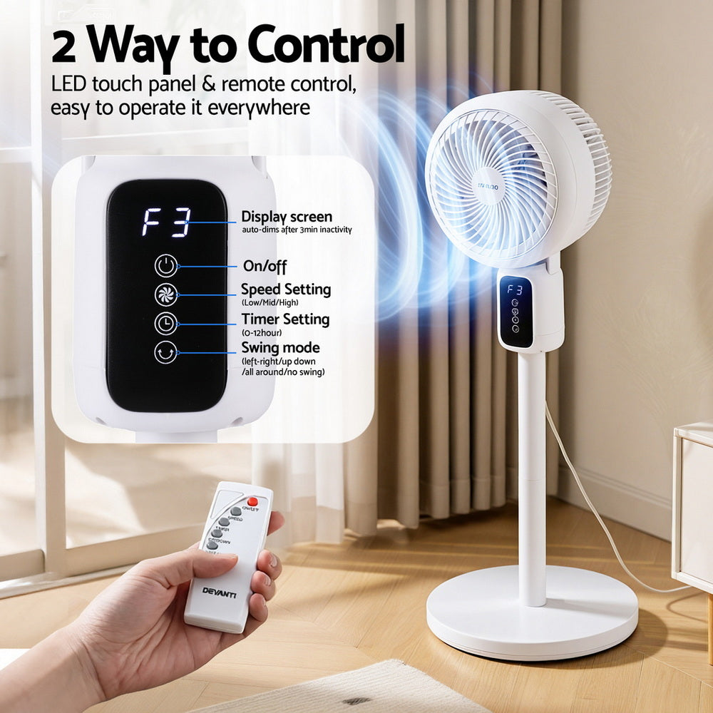 White pedestal fan with remote control and touch display panel on the base