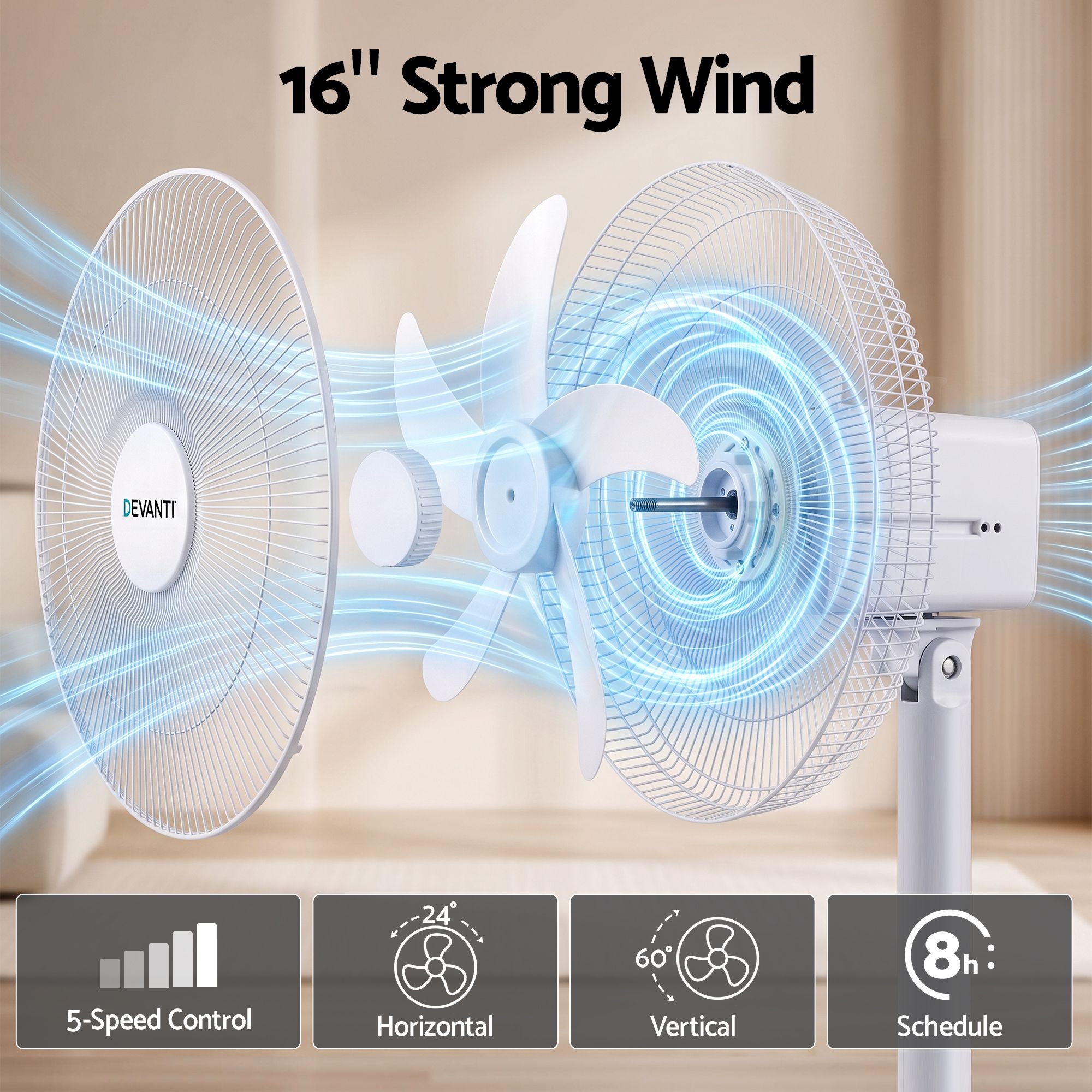 DEVANTI 16" 5-in-1 Rechargeable Fan for Pedestal Table Floor Wall Ceiling Bedworld
