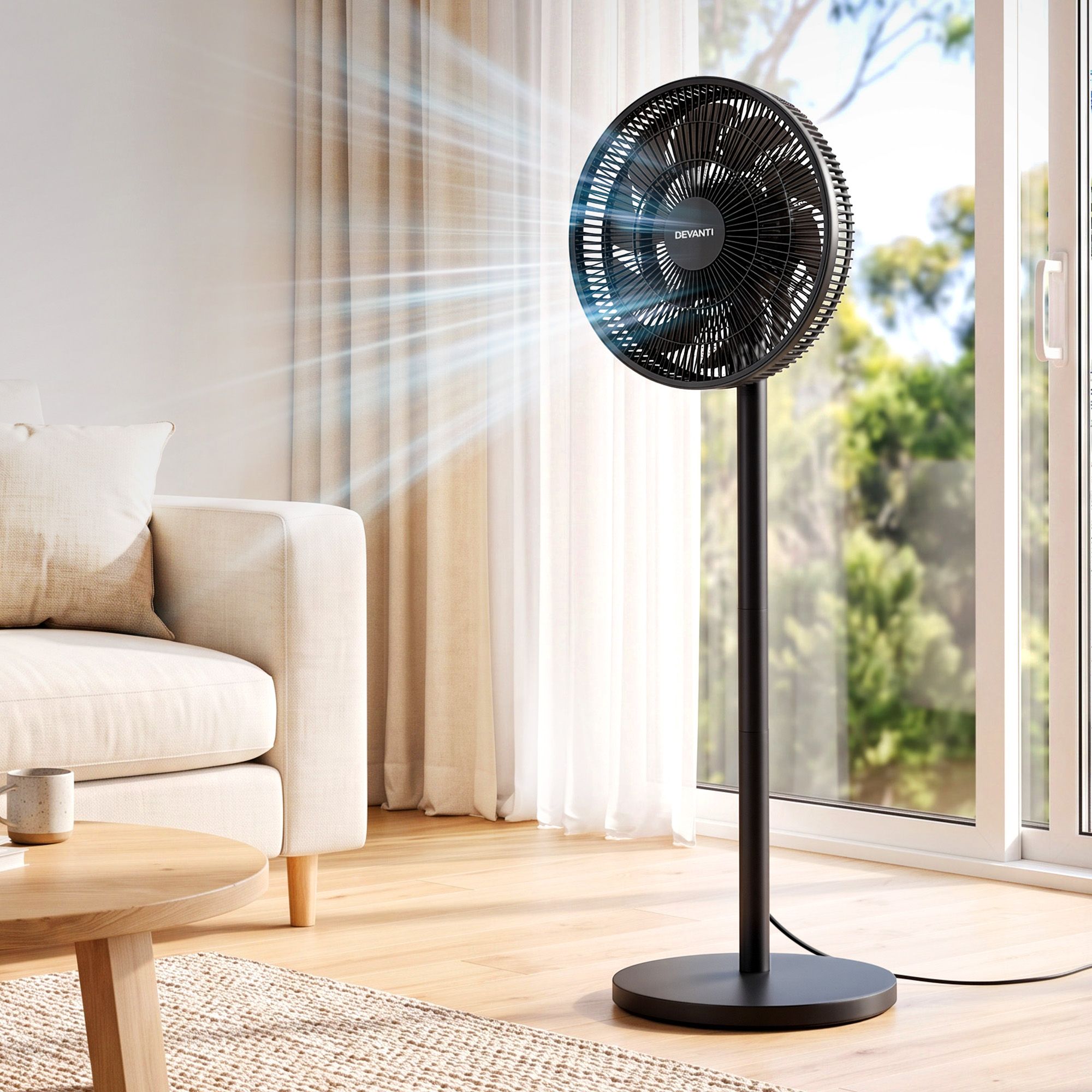 Devanti Pedestal Fan with Remote, 7 Speeds 3 Heights DC Motor, Black Bedworld