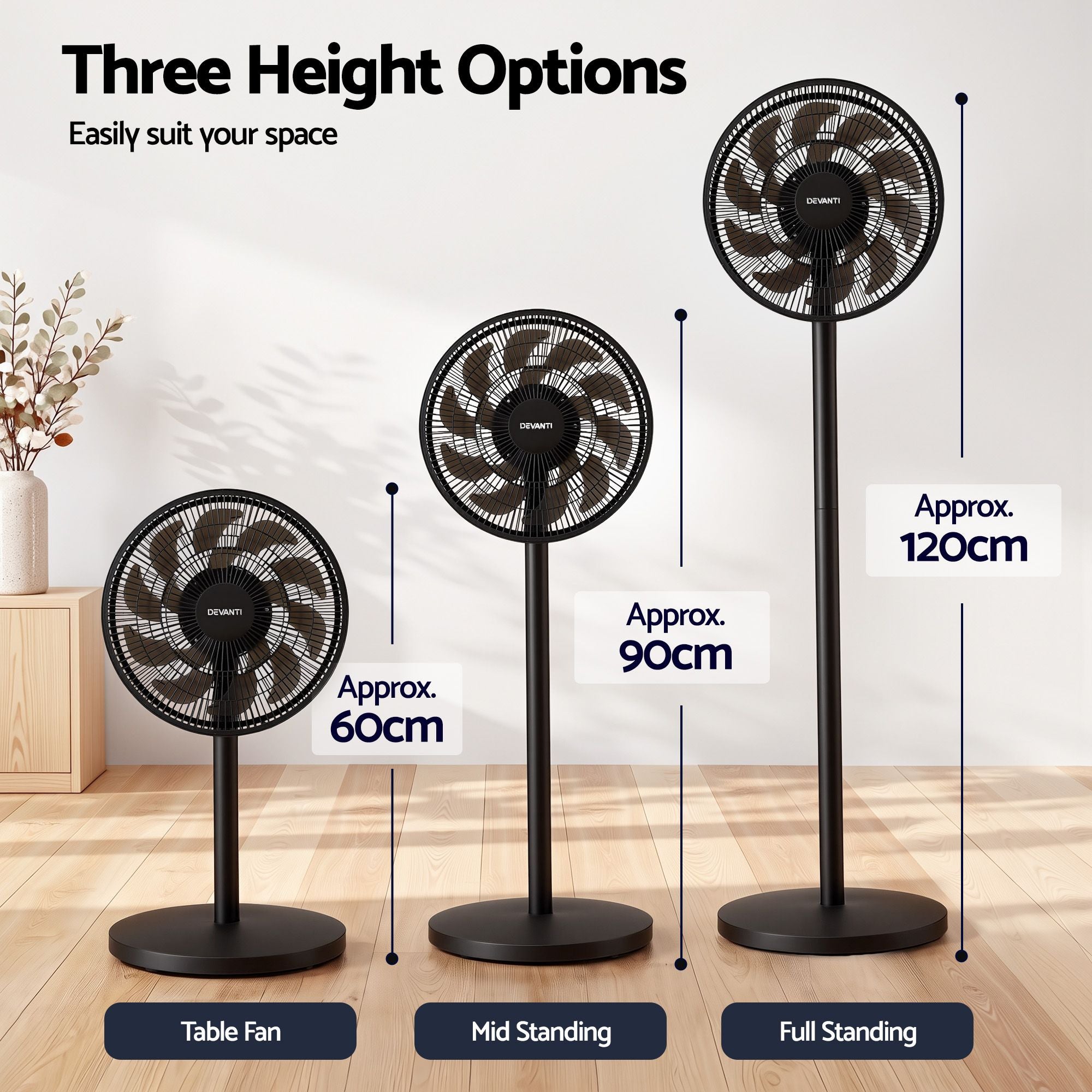 Devanti Pedestal Fan with Remote, 7 Speeds 3 Heights DC Motor, Black Bedworld