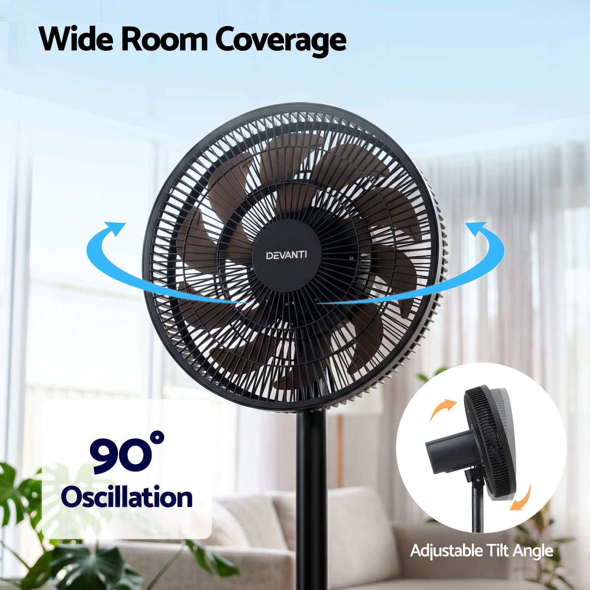 Devanti Pedestal Fan with Remote, 7 Speeds 3 Heights DC Motor, Black Bedworld