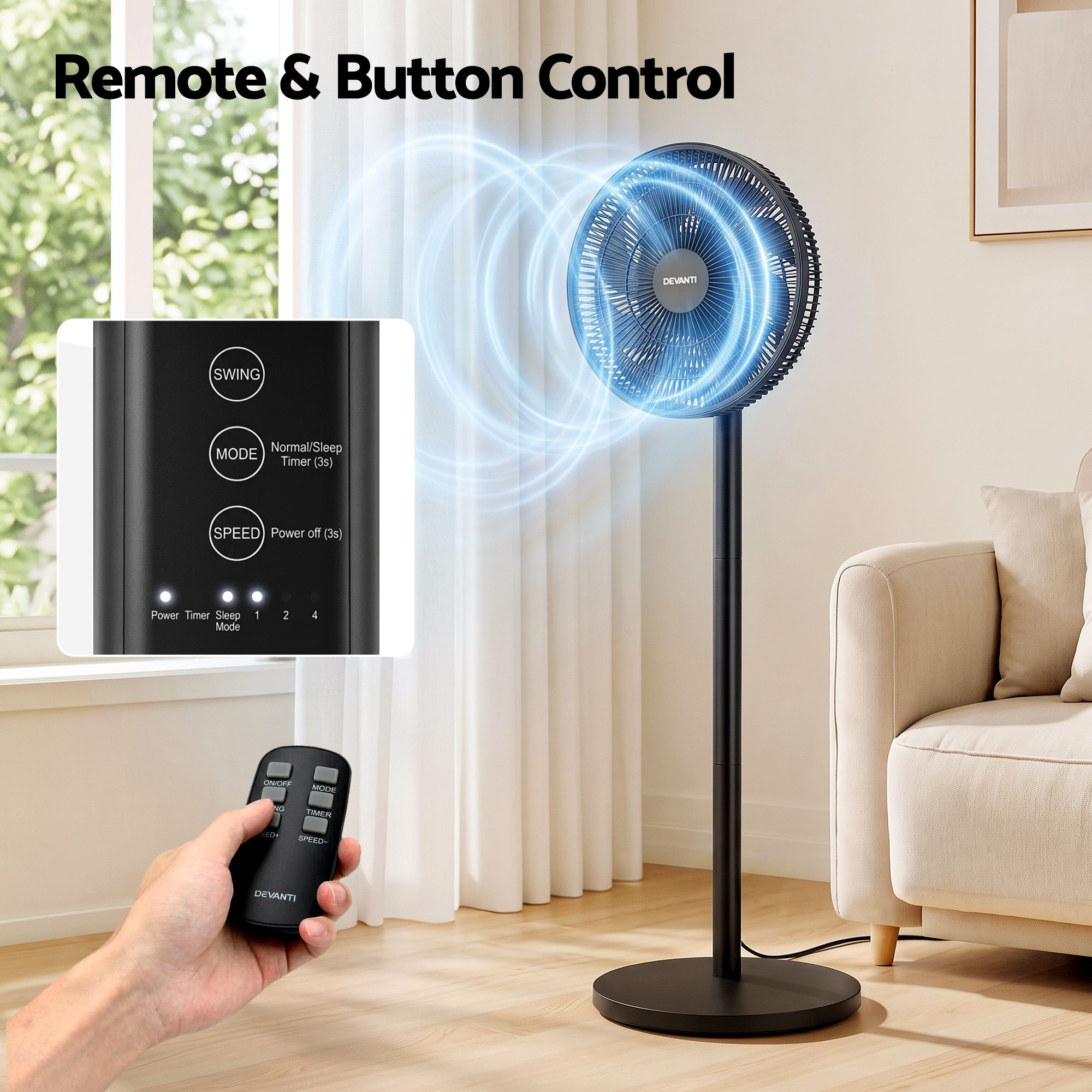 Devanti Pedestal Fan with Remote, 7 Speeds 3 Heights DC Motor, Black Bedworld