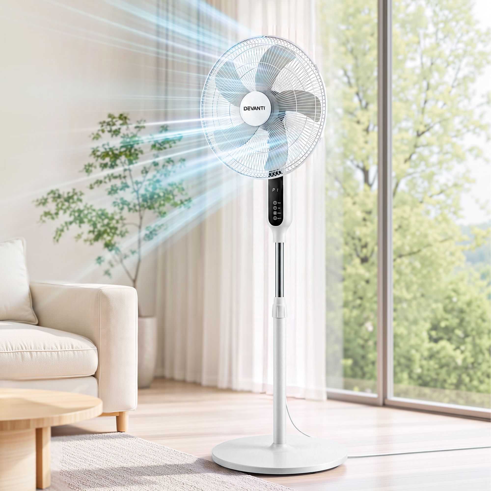 DEVANTI 16" Pedestal Fan with Remote 3 Speeds 8H Timer, White Bedworld