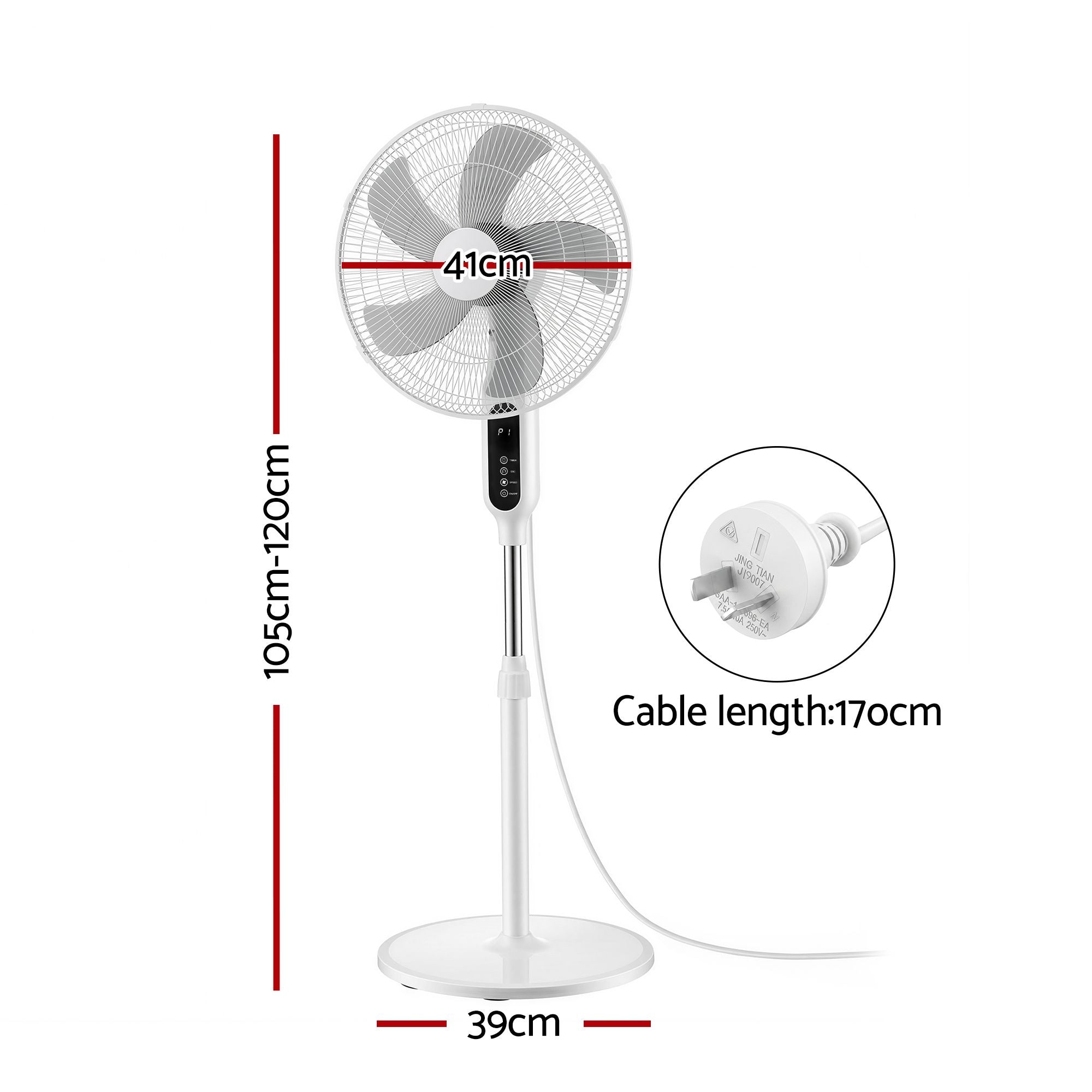 DEVANTI 16" Pedestal Fan with Remote 3 Speeds 8H Timer, White Bedworld