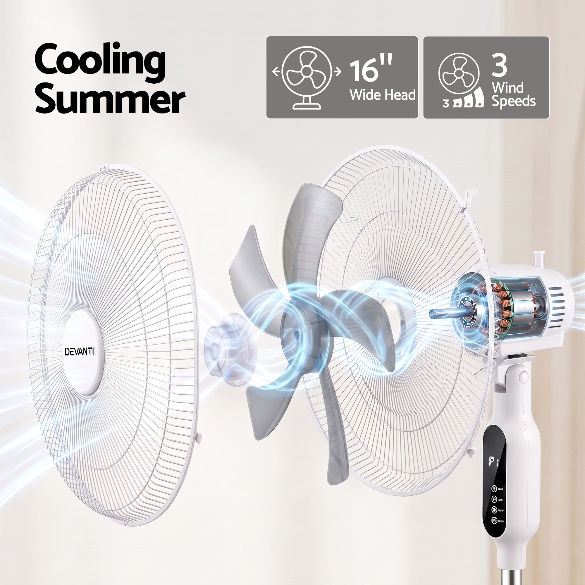 DEVANTI 16" Pedestal Fan with Remote 3 Speeds 8H Timer, White Bedworld