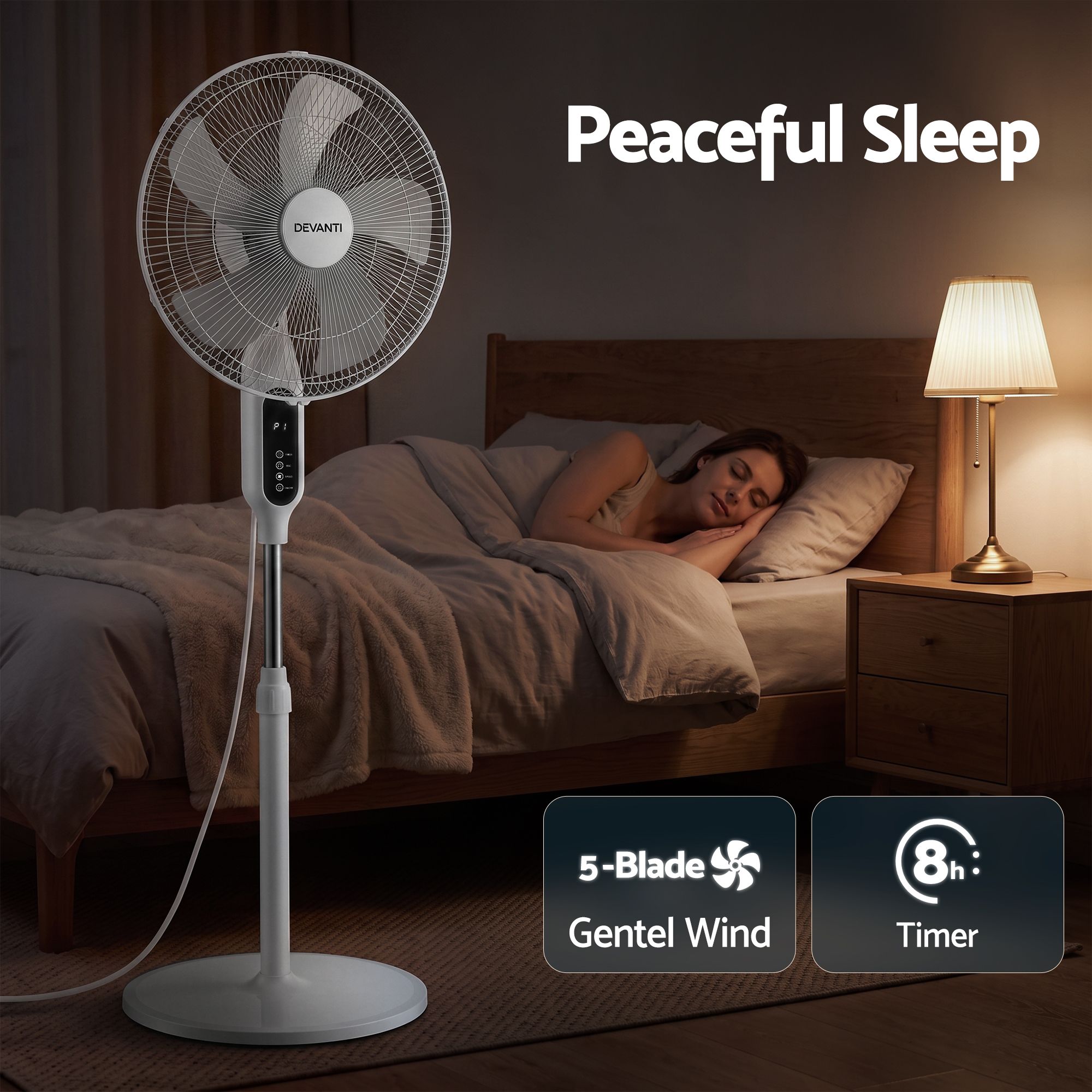 DEVANTI 16" Pedestal Fan with Remote 3 Speeds 8H Timer, White Bedworld