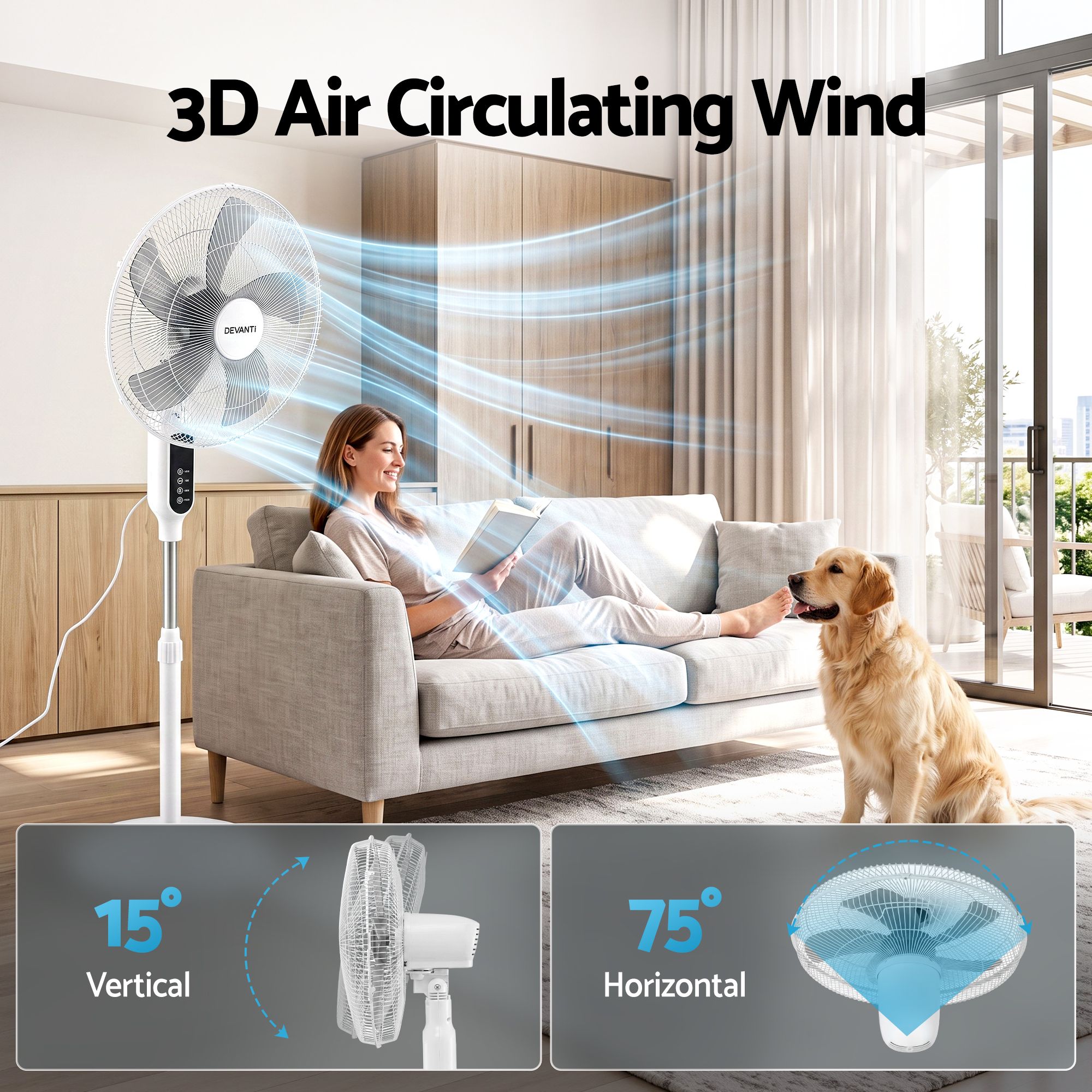 DEVANTI 16" Pedestal Fan with Remote 3 Speeds 8H Timer, White Bedworld